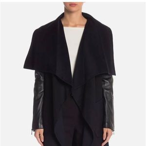 Brand new BCBG black coat with leather sleeves. Assorted sizes.